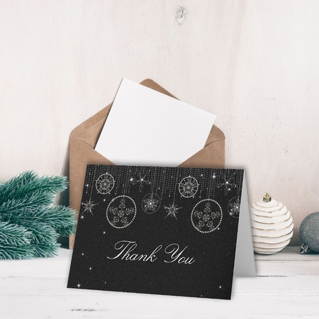 Glitter Snöflingor Svartvit Elegant Tack Anteckningskort (christmas thank you folded card couple wedding holidays winter snowflakes rhinestones glitter black )