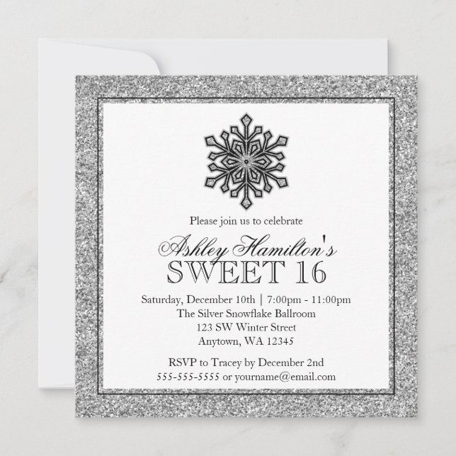 Glitter Snowflake Silver Sweet 16 Vinter Inbjudningar (Framsida)