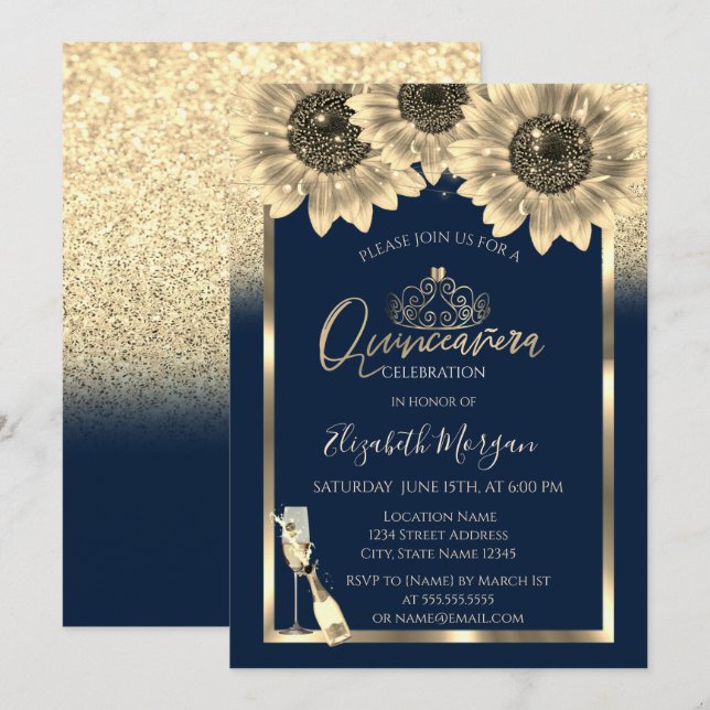 Glitter,Solblommor,Glass Tiara Blue Quinceanera Inbjudningar (Fram/baksida)