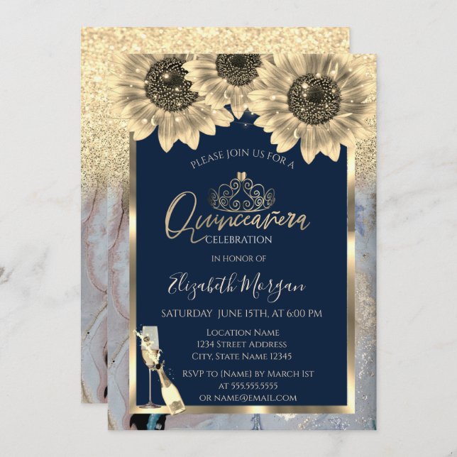 Glitter,Solblommor,GlassTiara Marble Quinceanera Inbjudningar (Fram/baksida)
