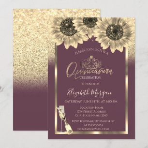 Glitter, Solrosor, Tiara Burgundy Quinceanera Inbjudningar