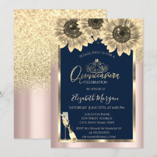 Glitter, Solrosor, Tiara Roséguld Quinceanera Inbjudningar