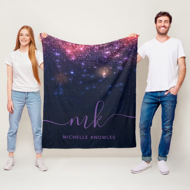 Glitter Space Galaxy Modern Script Monogram Fleecefilt (På plats)
