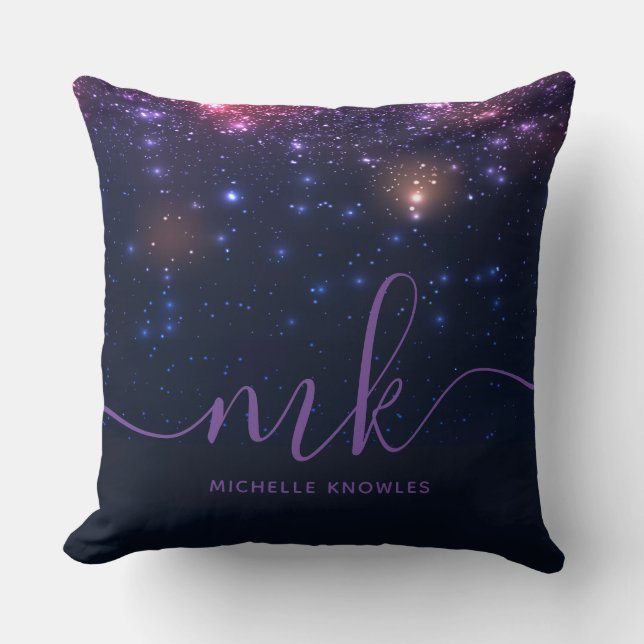 Glitter Space Galaxy Modern Script Monogram Kudde (Framsida)