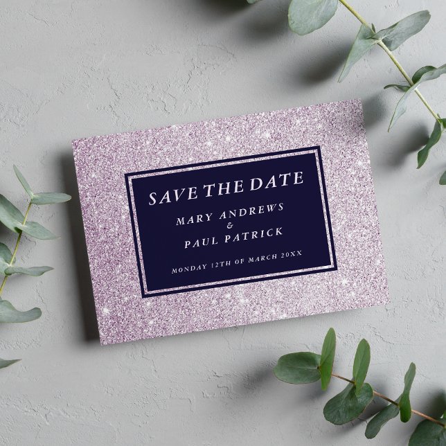 Glitter Spara datum för marint blålavender glam Datumet (Navy blue lavender glam glitter Save The Date )