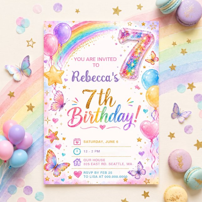Glitter Sparkle 7-årsfödelsedagsfest för flickor m Inbjudningar (Glitter Sparkle 7th Birthday Girls Rainbow Party Invitation)