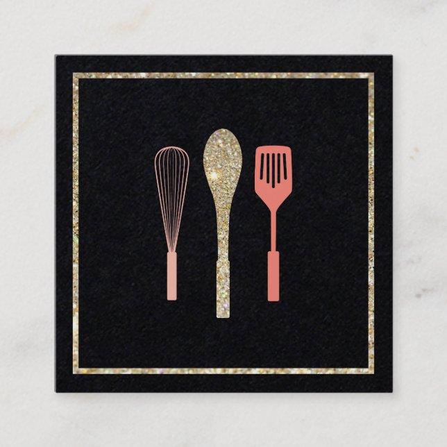 Glitter Spoon Whisk Spatula Bakery Catering Logoty Fyrkantigt Visitkort (Framsida)