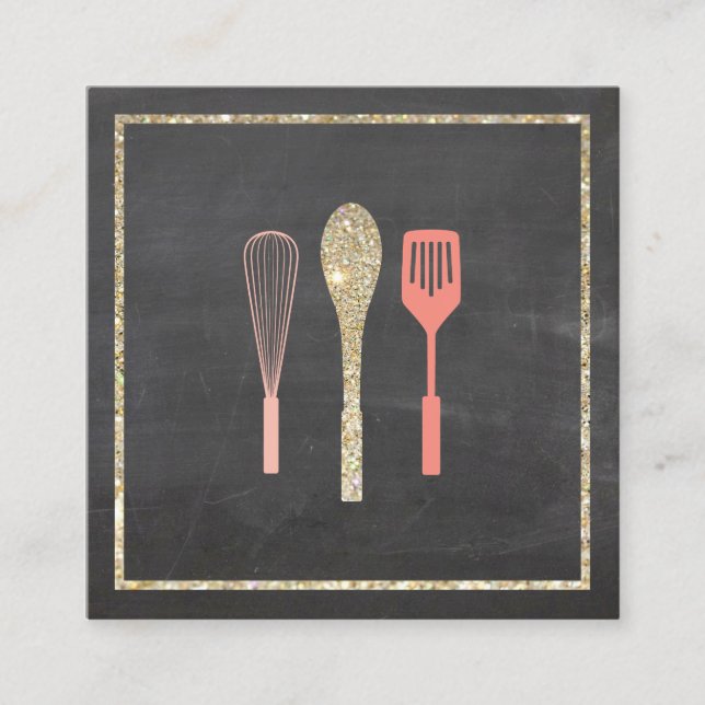 Glitter Spoon Whisk Spatula på Chalkboard Fyrkantigt Visitkort (Framsida)