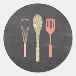Glitter Spoon Whisk Spatula på Chalkboard Runt Klistermärke