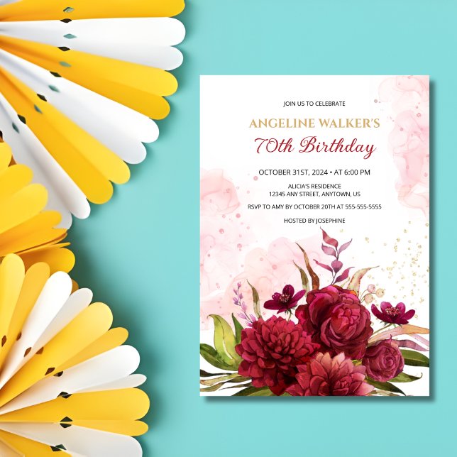 Glitter Stänk Burgundy Dahlia Ro födelsedag Inbjudningar (Skapare uppladdad)