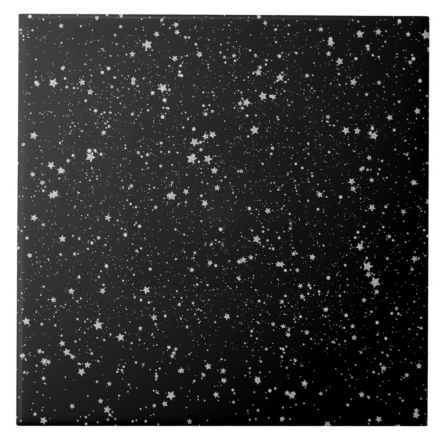 Glitter Stars2 - svart Silver Kakelplatta (Framsidan)