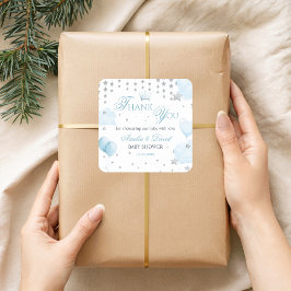 Glitter Stars Baby Shower Thank You Light Blue Fyrkantigt Klistermärke
