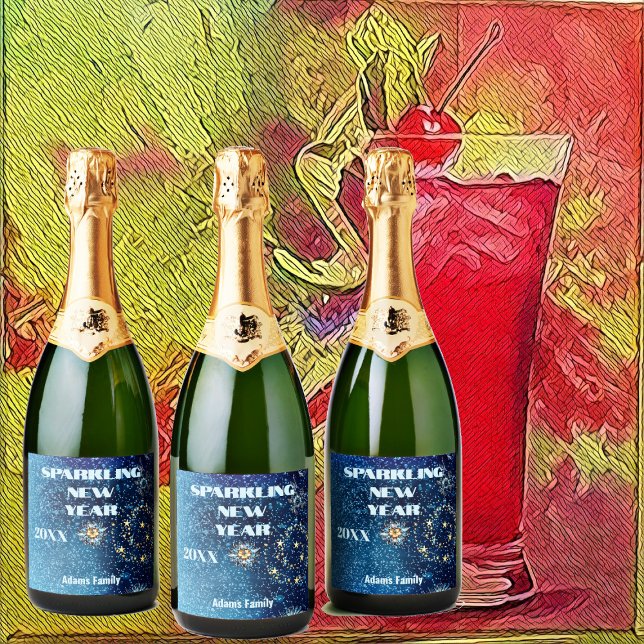 Glitter Stars Blommigt Party (Blue Sparkling New Year Glitter Stars Floral Party Sparkling Wine Label)