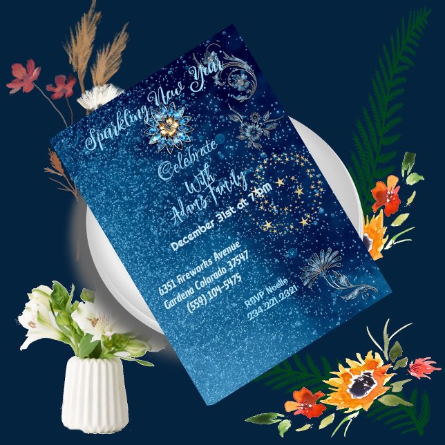 Glitter Stars Blommigt Party Inbjudningar (Blue Sparkling New Year Glitter Stars Floral Party Invitation)