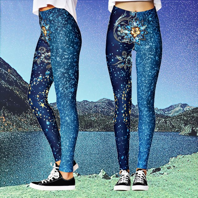 Glitter Stars Blommigt Party Leggings (Blue Sparkling New Year Glitter Stars Floral Party Leggings)