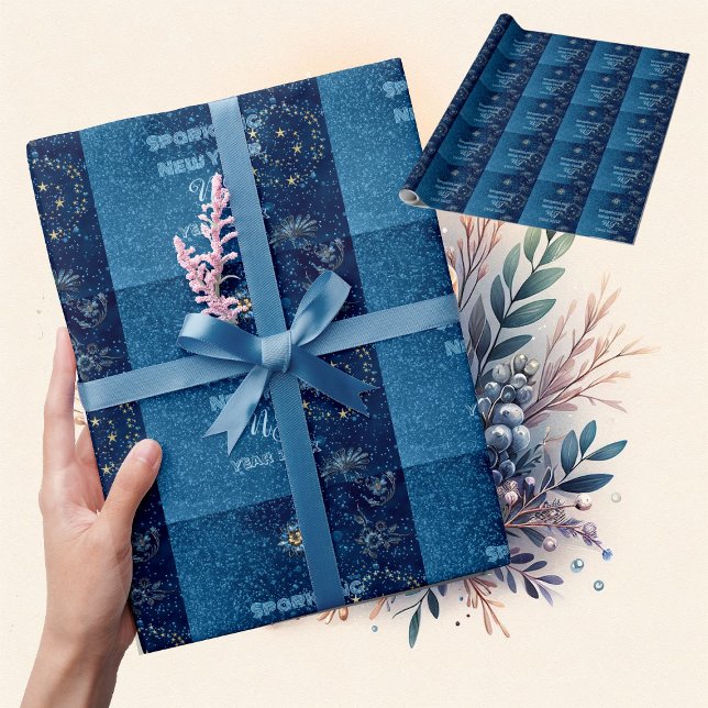 Glitter Stars Blommigt Party Presentpapper (Blue Sparkling New Year Glitter Stars Floral Party Wrapping Paper)
