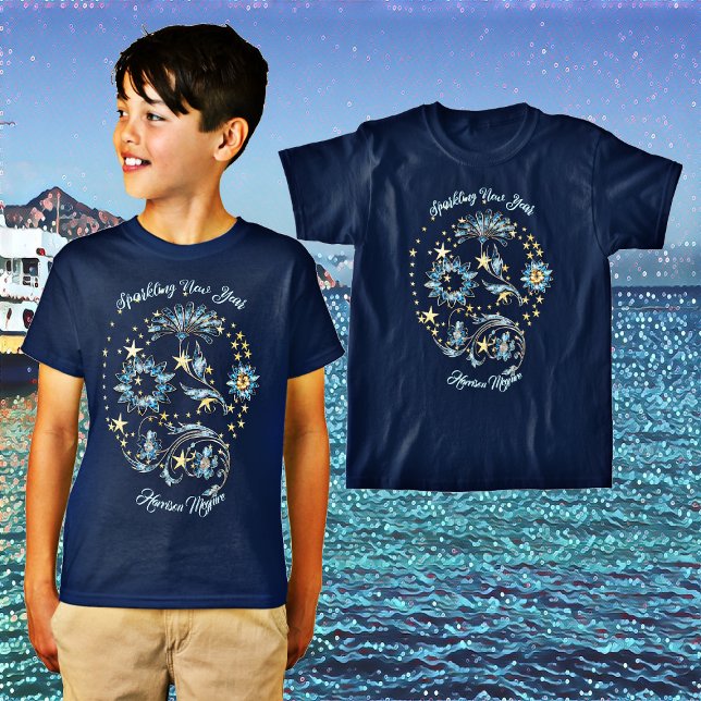 Glitter Stars Blommigt Party T Shirt (Blue Sparkling New Year Glitter Stars Floral Party T-Shirt)