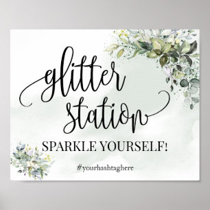 Glitter station-skylt med eucalyptus succulous-dus poster