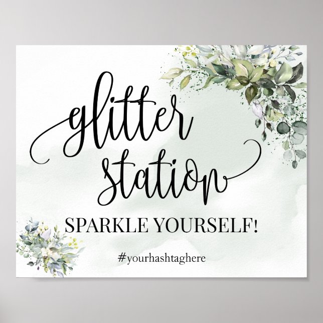 Glitter station-skylt med eucalyptus succulous-dus poster (Framsidan)