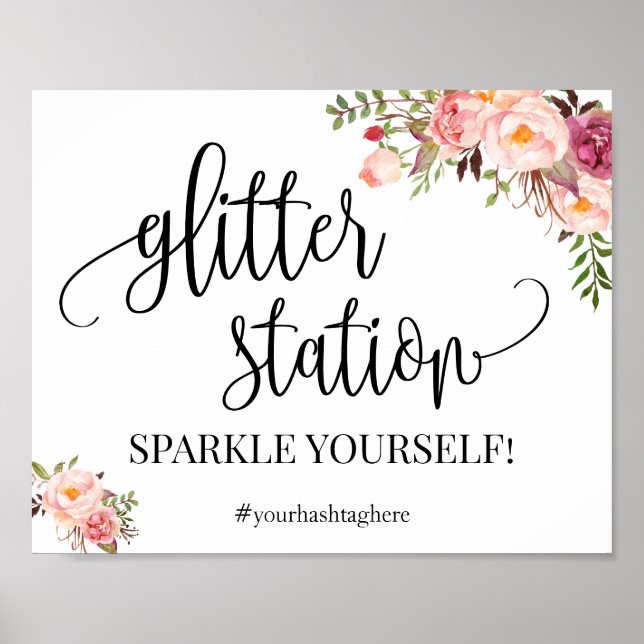 Glitter stationsskylt rosa boho chic bröllopsdusch poster (Framsidan)