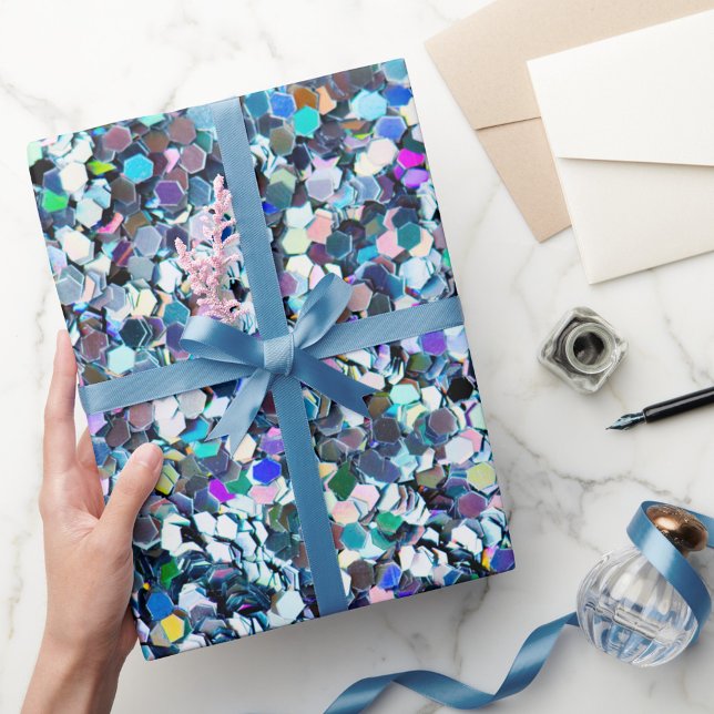 Glitter Stil Presentpapper (A vibrant roll of wrapping paper covered in colorful shimmering confetti patterns. )