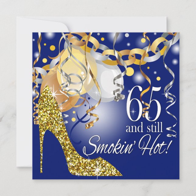 Glitter Stiletto 65e Birthday | royal blå guld Inbjudningar (Framsida)