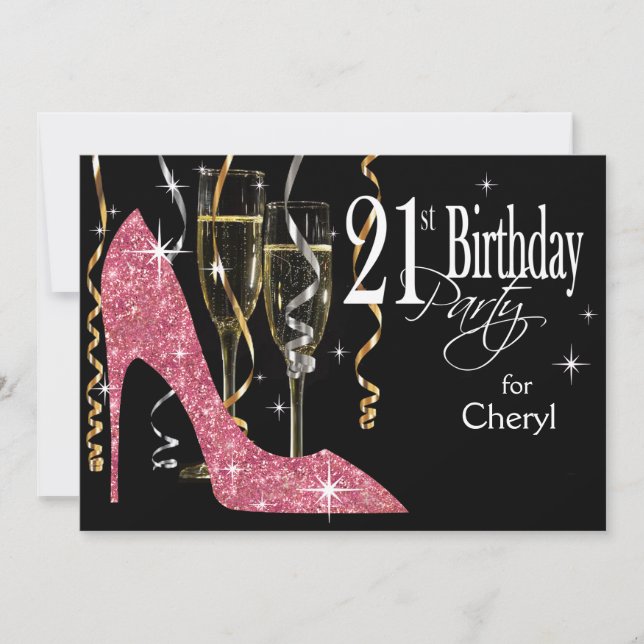 Glitter Stiletto Champagne 21-års födelsedag Rosa Inbjudningar (Framsida)