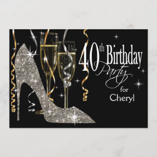 Glitter Stiletto Champagne 40-års födelsedag silve Inbjudningar