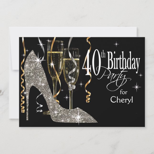 Glitter Stiletto Champagne 40:e födelsedagen silve Inbjudningar (Framsida)