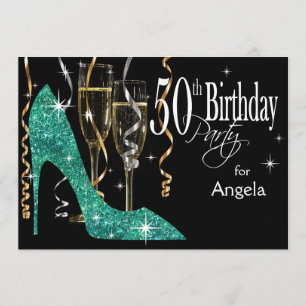 Glitter Stiletto Champagne 50-års födelsedag Teal Inbjudningar