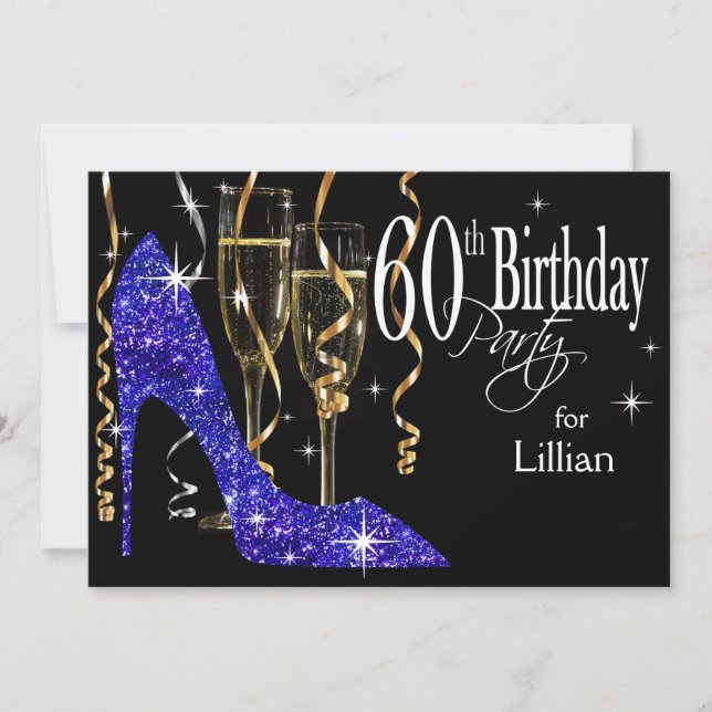 Glitter Stiletto Champagne 60-årsfirande Blå Inbjudningar (Framsida)