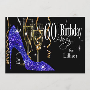 Glitter Stiletto Champagne 60-årsfirande Blå Inbjudningar