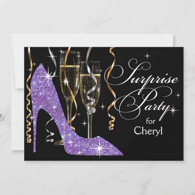 Glitter Stiletto Champagne Överraskning Födelsedag Inbjudningar (Framsida)
