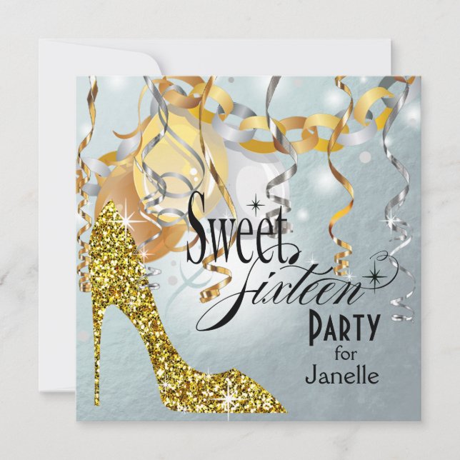 Glitter Stiletto Silver Foil Sweet 16 Party Inbjudningar (Framsida)