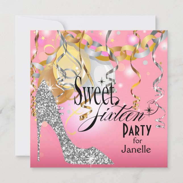 Glitter Stiletto Sweet 16 Party | rosa silver Inbjudningar (Framsida)
