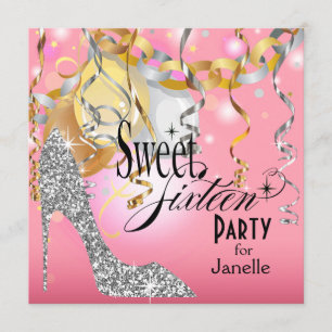 Glitter Stiletto Sweet 16 Party rosa silver Inbjudningar