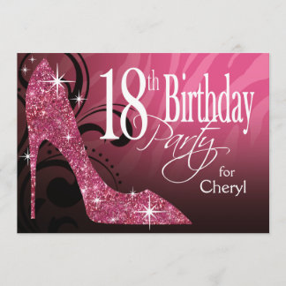 Glitter Stiletto Zebra 18-årsdag rosa Inbjudningar