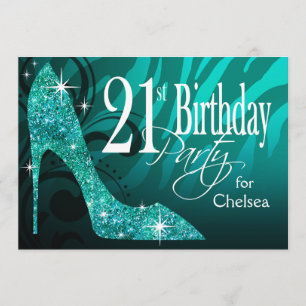 Glitter Stiletto Zebra 21-års födelsedag teal Inbjudningar