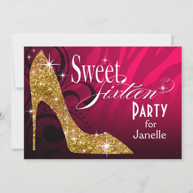 Glitter Stiletto Zebra Sweet 16 Party fuschia guld Inbjudningar (Framsida)