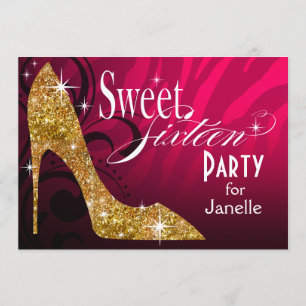 Glitter Stiletto Zebra Sweet 16 Party fuschia guld Inbjudningar