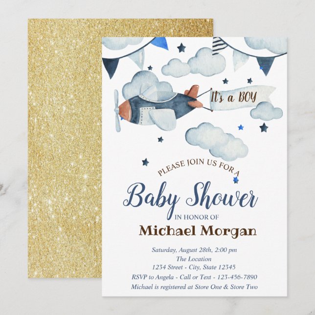 Glitter,Stjärnor,Moln,Flygplans Baby Shower Inbjudningar (Fram/baksida)