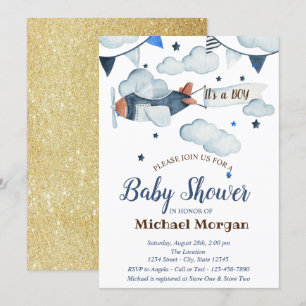 Glitter,Stjärnor,Moln,Flygplans Baby Shower Inbjudningar