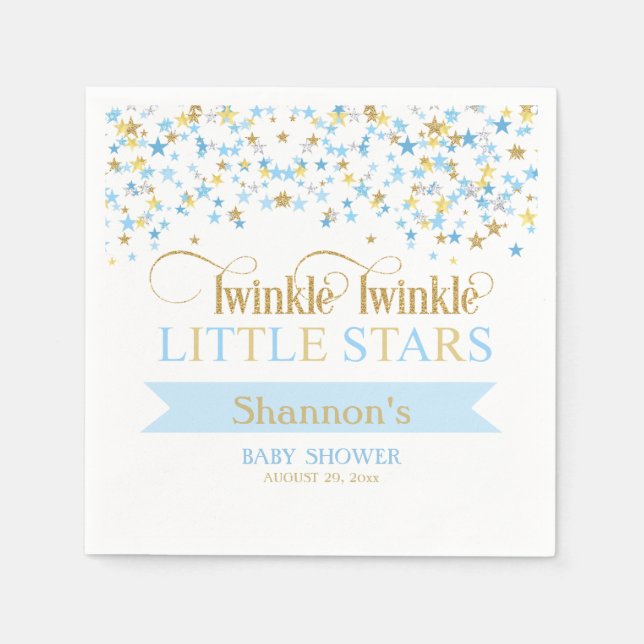 Glitter Stjärnor Tvilling Babyshower Blå & Guld Pappersservett (Framsidan)