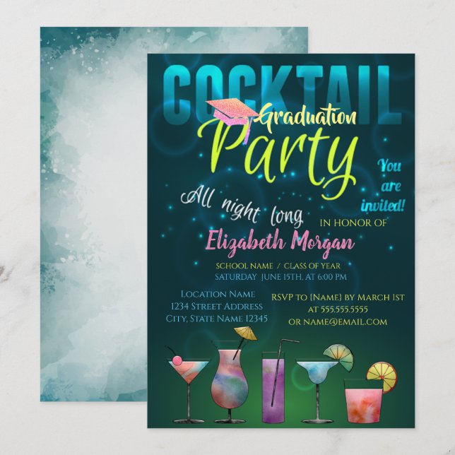 Glitter Studentmössa, Cocktail Studenten Inbjudningar (Fram/baksida)