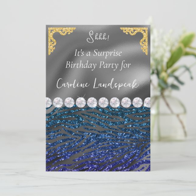 Glitter Surprise Birthday Blue Violet Zebra tryck Inbjudningar (Stående Fram)