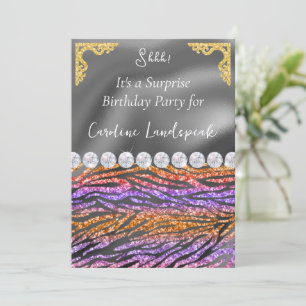 Glitter Surprise Birthday Lila Orange Zebra Inbjudningar