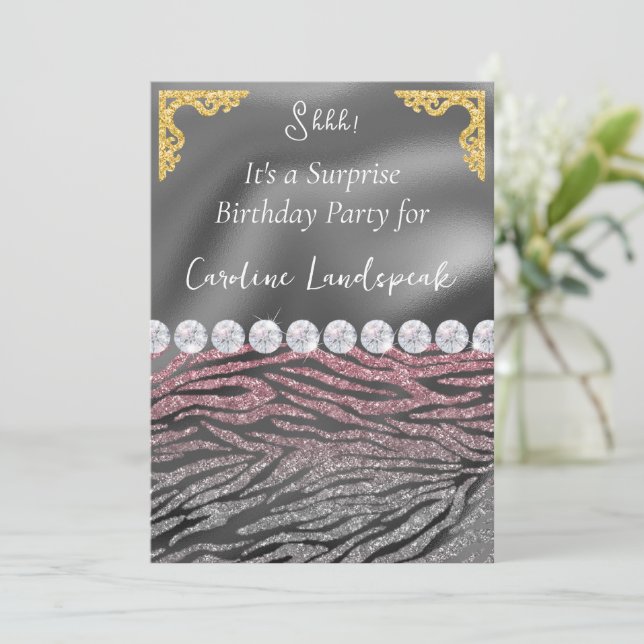 Glitter Surprise Birthday Rosa Silver Zebra tryck Inbjudningar (Stående Fram)