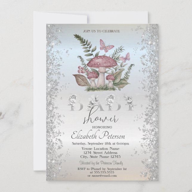 Glitter Svampar Butterflies Silver Babykläder Inbjudningar (Framsida)