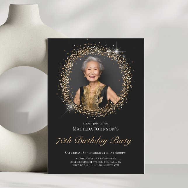Glitter Svarta Guld 70:e Födelsedagsfest inbjudan (Glitter Black Gold 70th Birthday Party Invitation)