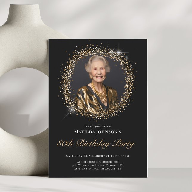 Glitter Svarta Guld 80:e Födelsedagsfest inbjudan (Glitter Black Gold 80th Birthday Party Invitation)